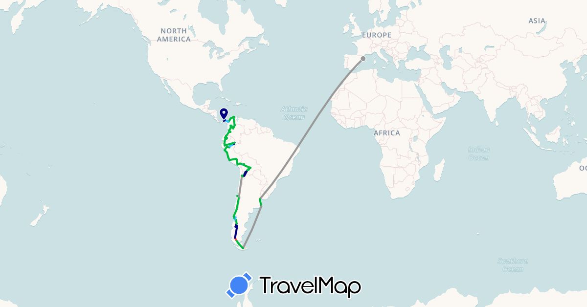 TravelMap itinerary: driving, bus, plane, hiking, boat in Argentina, Bolivia, Chile, Colombia, Ecuador, Spain, Panama, Peru (Europe, North America, South America)
